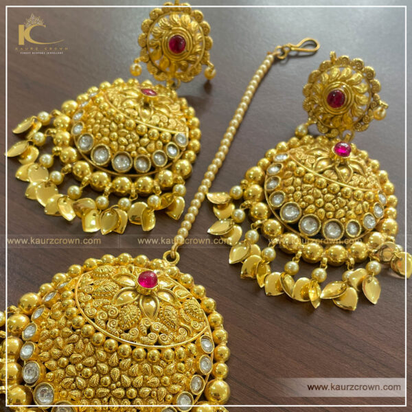 Kaashni Traditional Antique Polish Earrings Tikka Set, kaurz crown jewellery store , online jewellery store , traditional choker set , kaashni choker set