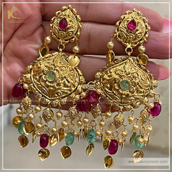 Mesmerizing Red Kemp Stone Pearls Drop Chandbalis | Traditional Antique Gold  look Drop Earrings Copper Gold plated Earrings for Women and Girls