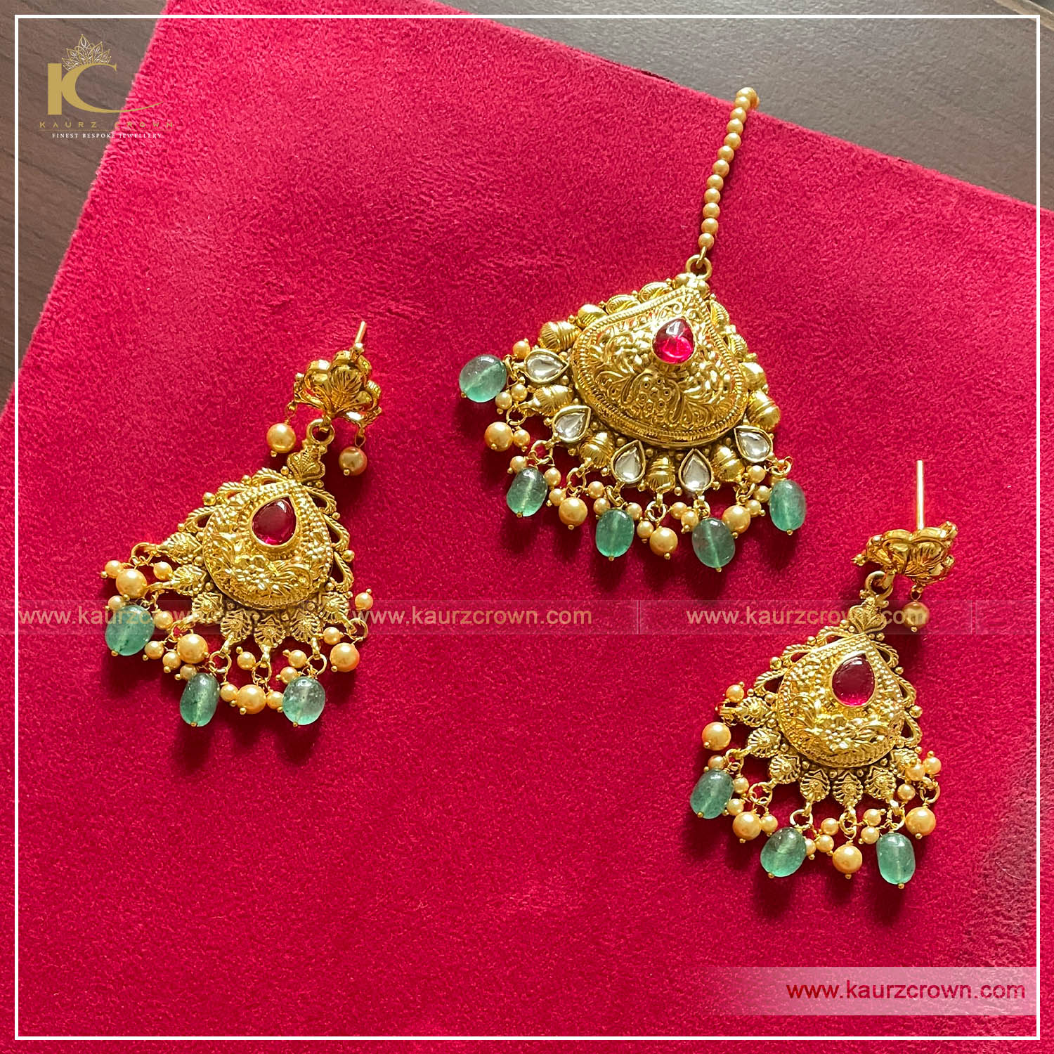 Mehkasha Traditional Antique Polished Earrings Tikka Set , kaurz crown , online jewellery store , punjabi jewellery , traditional jewellery , gold plated tikka , kaurz crown jewellery