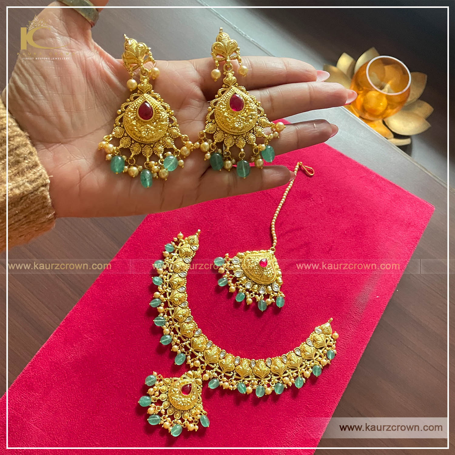 Mehkasha Traditional Antique Polished Earrings Tikka Set , kaurz crown , online jewellery store , punjabi jewellery , traditional jewellery , gold plated tikka , kaurz crown jewellery