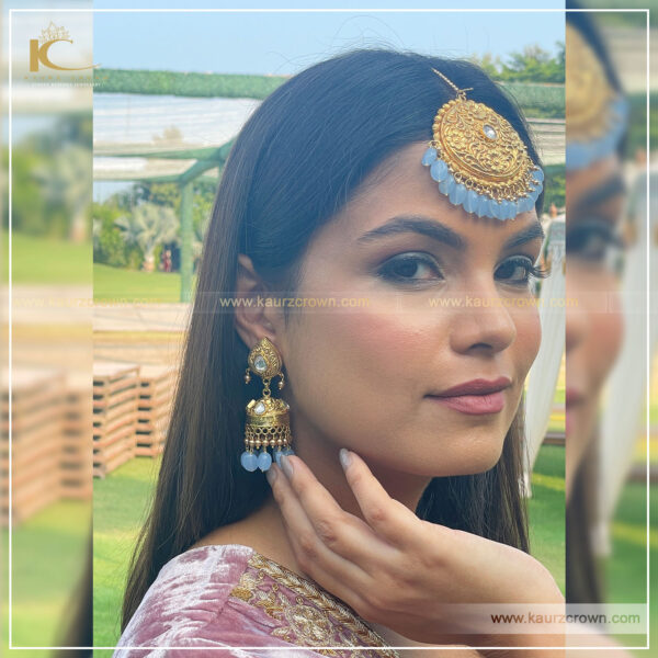 Nazakat Traditional Gold Plated Earrings Tikka Set (Blue Gray) , kaurz crown , punjabi jewellery store , online jewellery store , nazakat tikka , traditional earrings tikka set