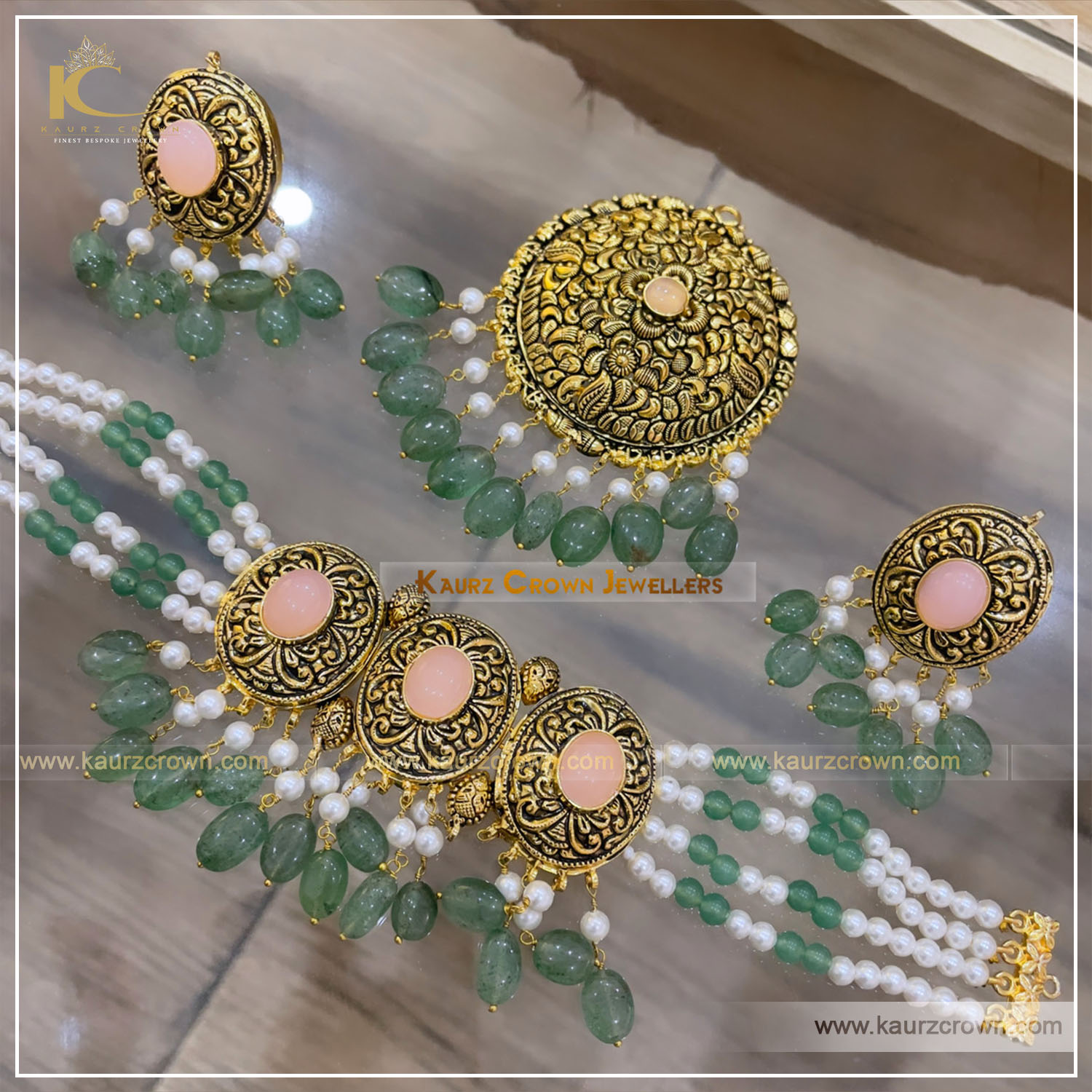 Eman Traditional Antique Gold Plated Choker Set (Mint Green) , kaurz crown jewellery , online jewellery store , eman choker , gold plated jewellery , gold plated choker set , online jewellery shop