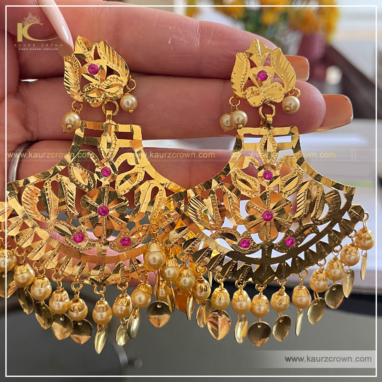 Mohabbat Pipal Patti Earrings , Mohabbat earrings , gold plated pipal patti product , online jewellery store , pink stone ,
