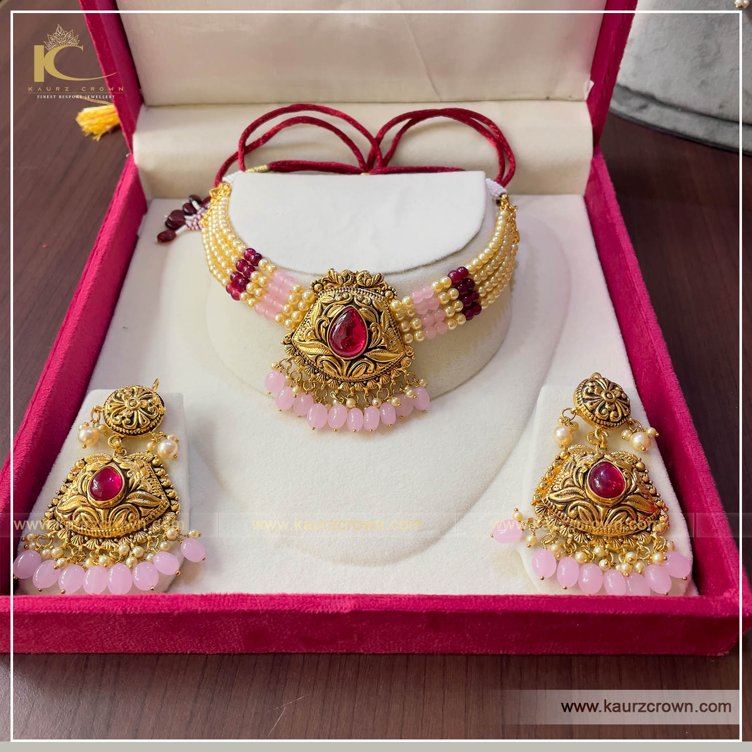 Jagiro Traditional Antique Gold Plated Choker Set (Pink) , kaurz crown jewellery , online jewellery store ,punjabi jewellery , online shop , choker set