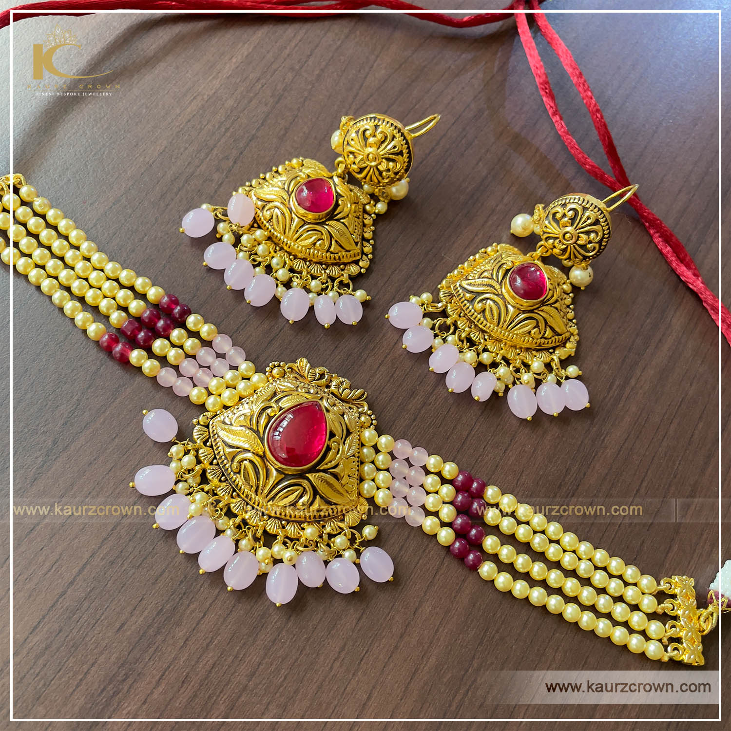Jagiro Traditional Antique Gold Plated Choker Set (Pink) , kaurz crown jewellery , online jewellery store ,punjabi jewellery , online shop , choker set