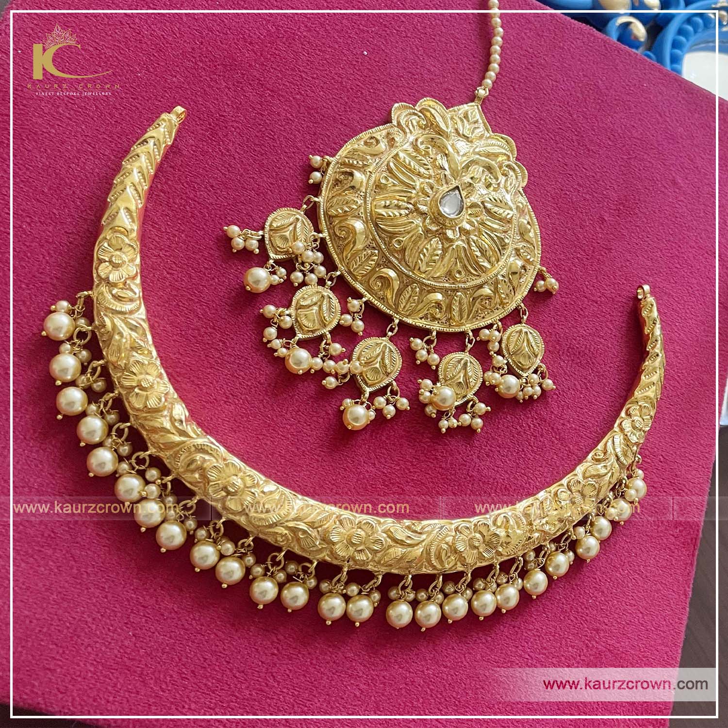 Nawla Traditional Antique Gold Plated Choker Set , kaurz crown jewellery , online store , punjabi jewellery , gold plated choker set , nawla choker set