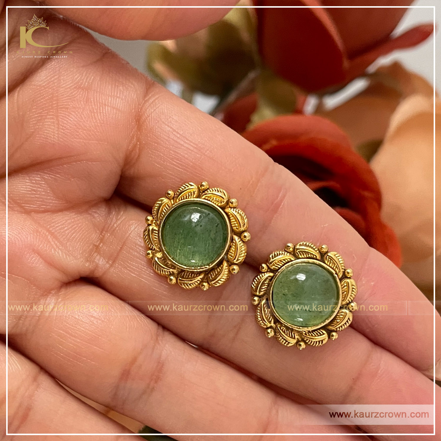 Ruhma Traditional Antique Gold Plated Earring Studs (Green) , kaurz corwn , punjabi jewellery , ruhma earrings , studs green , online jewellery store