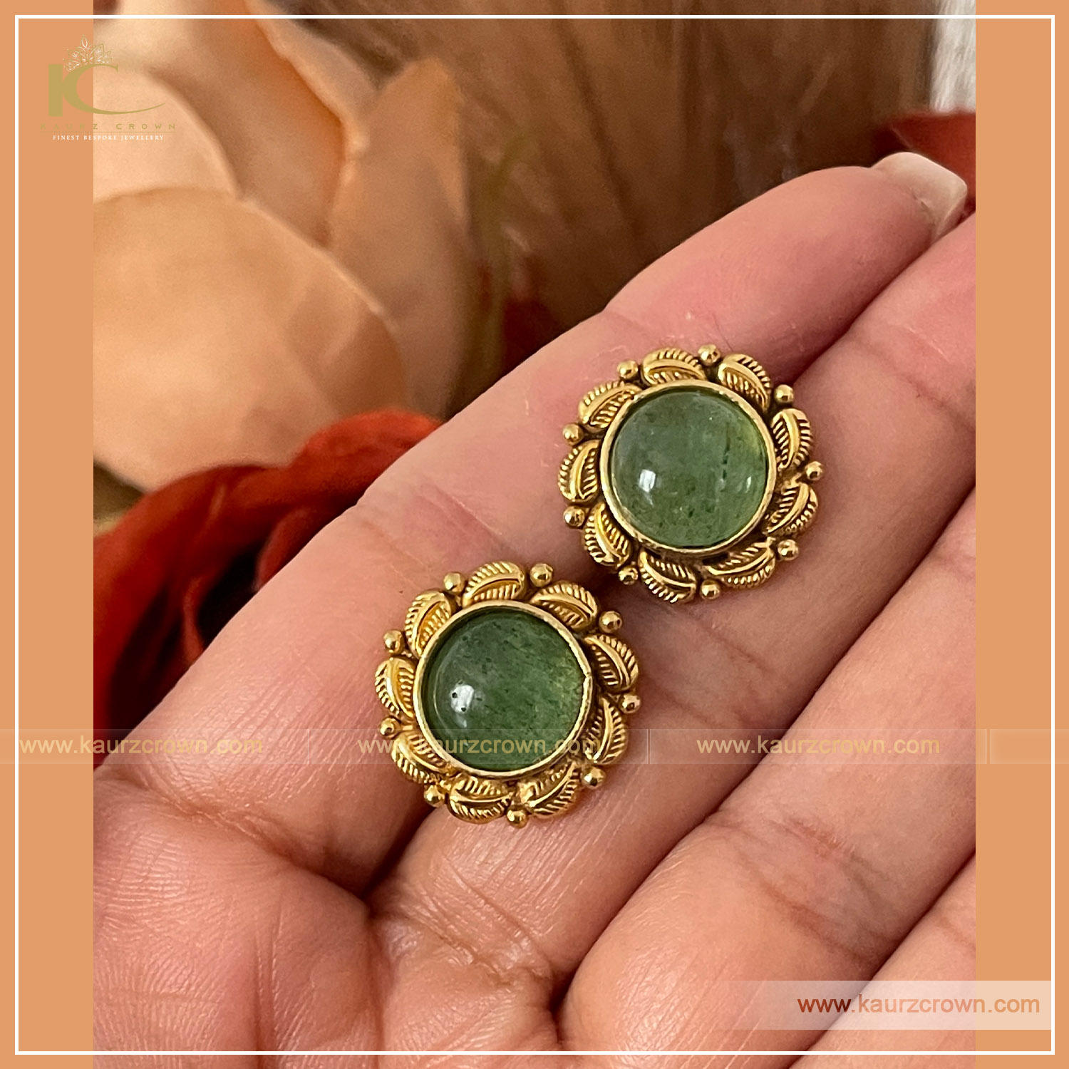 Ruhma Traditional Antique Gold Plated Earring Studs (Green) , kaurz corwn , punjabi jewellery , ruhma earrings , studs green , online jewellery store