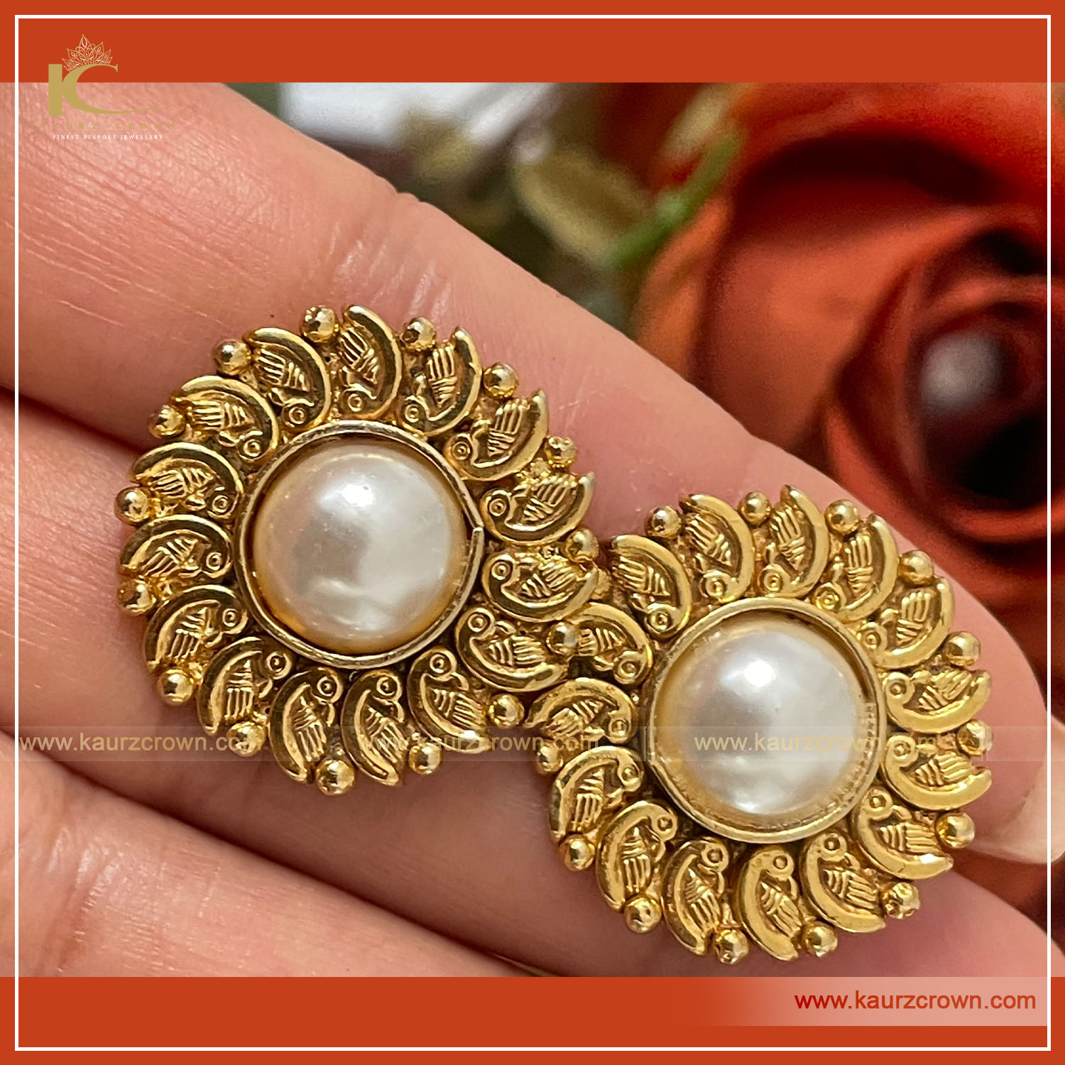 Shujana Traditional Antique Gold Plated Earring Studs , kaurz crown , punjabi jewellery , online jewellery store