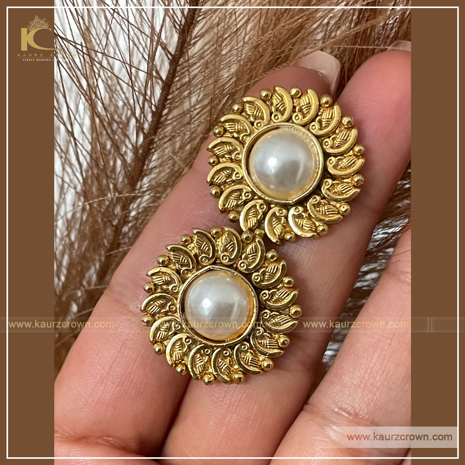 Gold Plated LCD American Diamond Round Pearl Big Stud Earrings For Women  And Girls