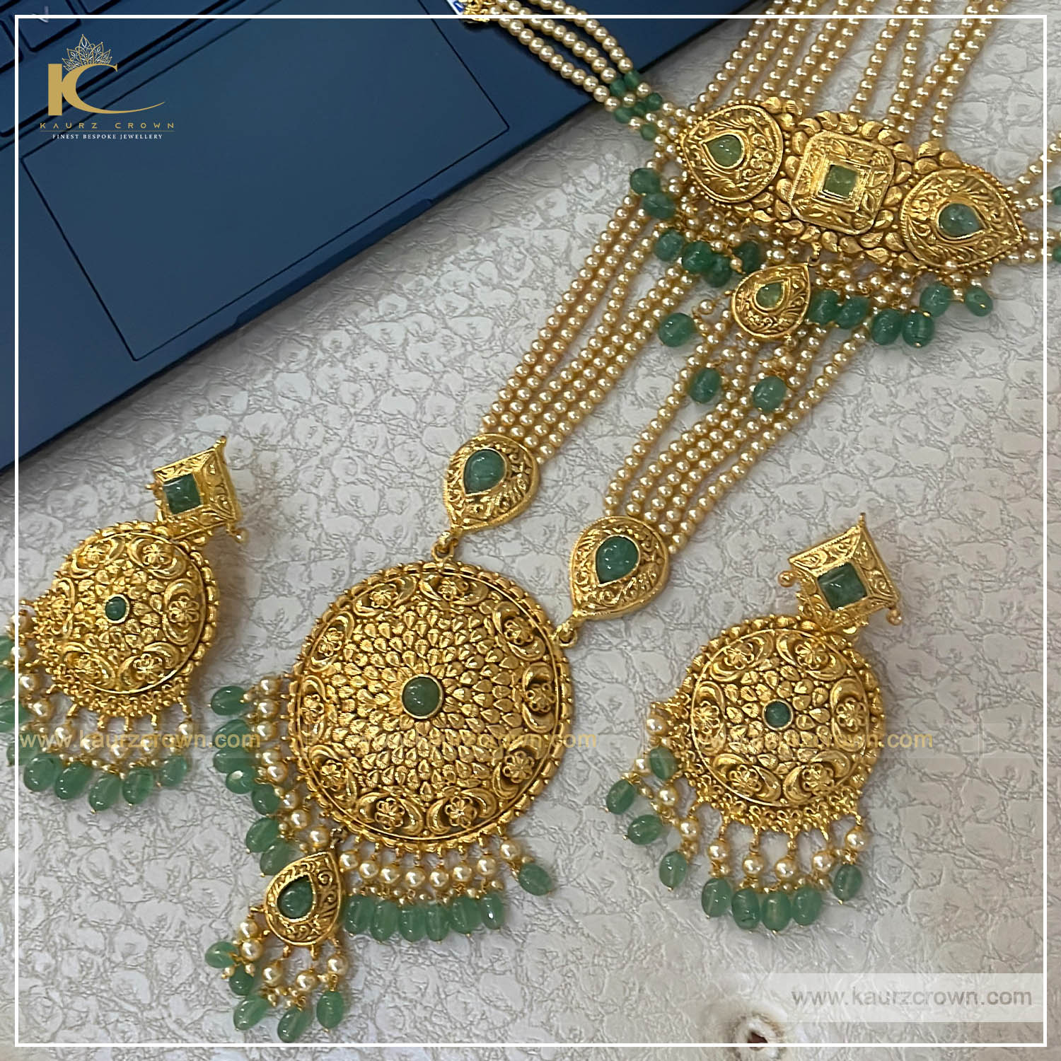 Surmai Traditional Antique Gold Plated Rani Haar (Green) , kaurz crown , punjabi jewellery store , surmai rani haar , gold plated jewellery