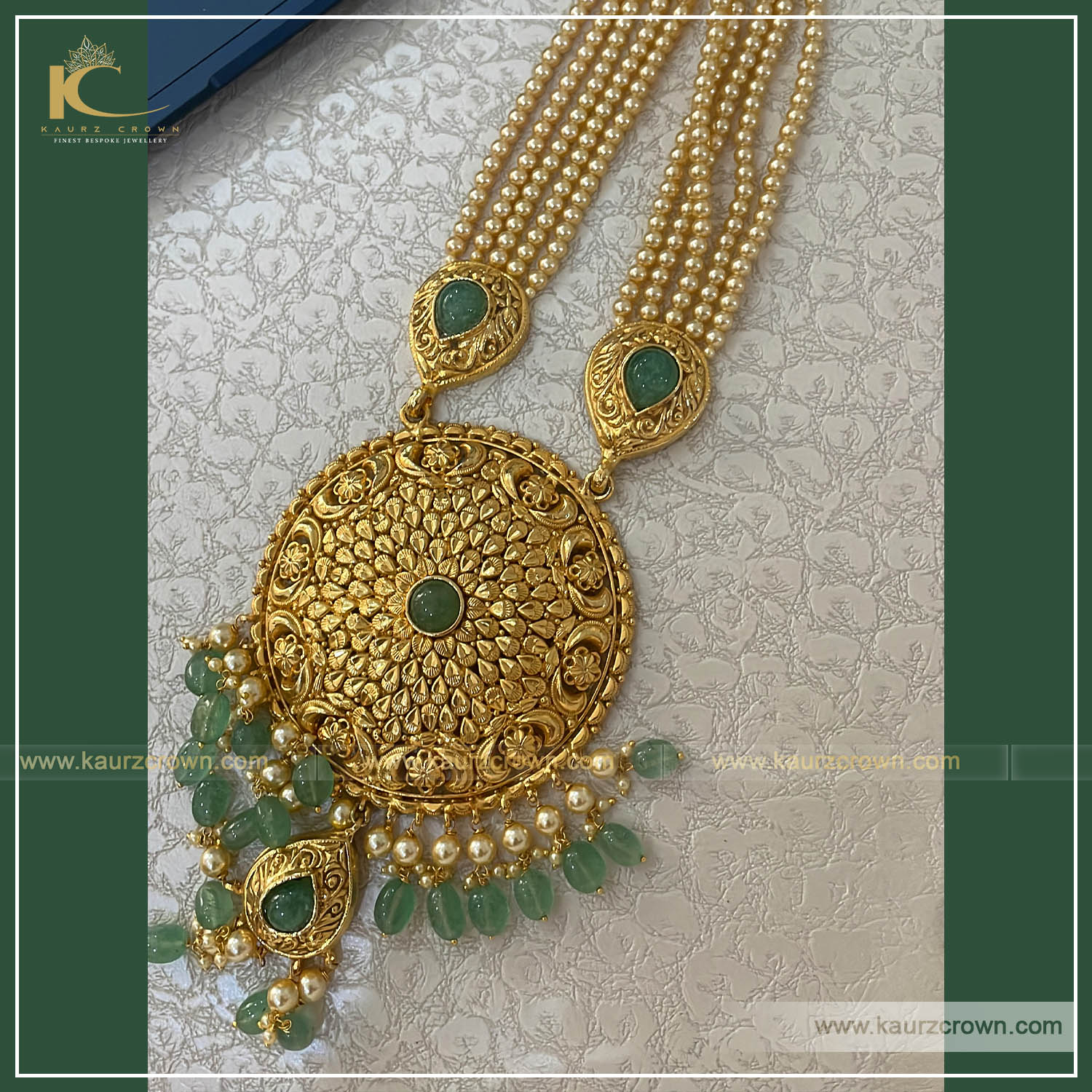 Surmai Traditional Antique Gold Plated Rani Haar (Green) , kaurz crown , punjabi jewellery store , surmai rani haar , gold plated jewellery