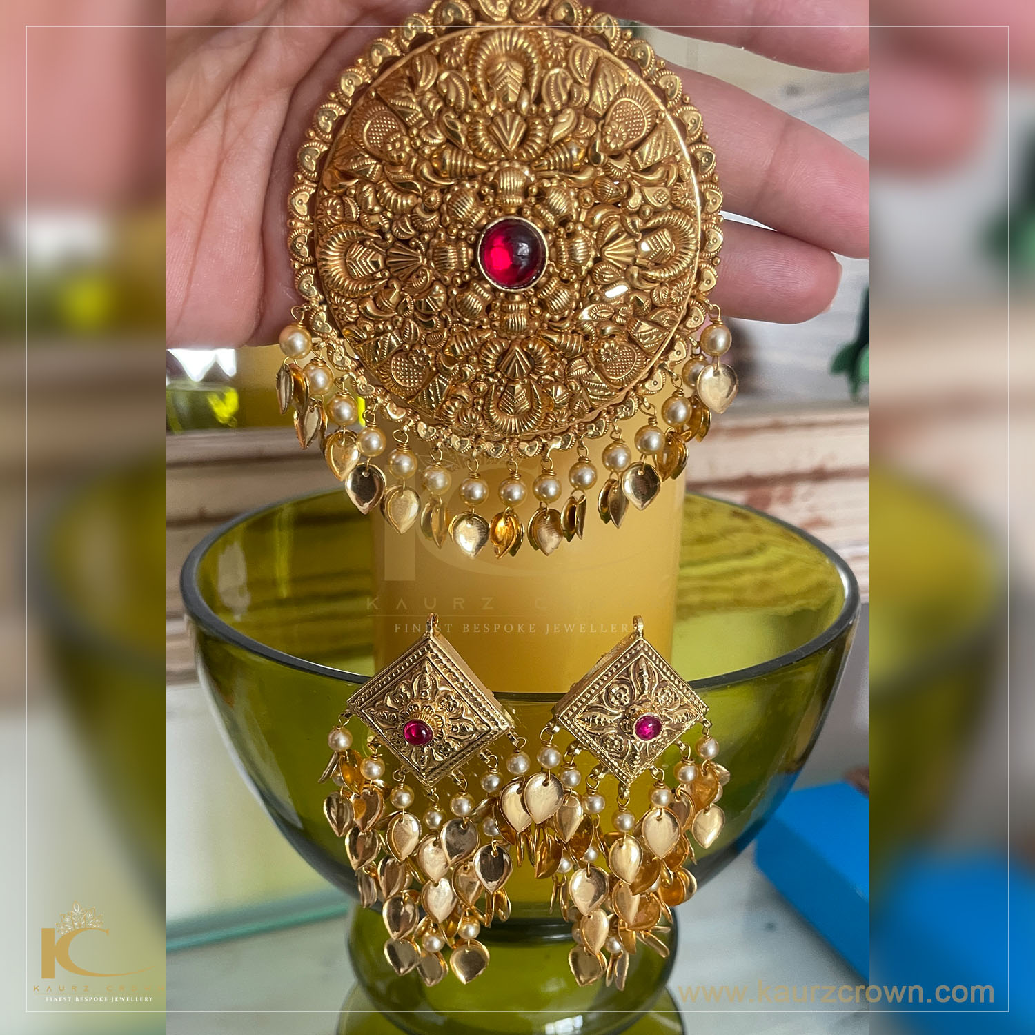 Wajiha Traditional Antique Gold Plated Earrings Tikka Set , kaurz crown , online jewellery store , wajiha earrings , gold plated jewellery